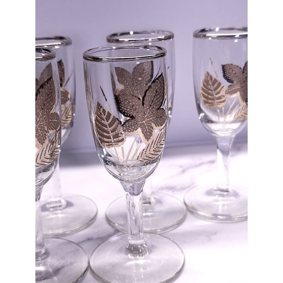 Set Of 6 Vintage Mid-Century Modern Gold Leaf Pattern Cordial Glasses - Picture 12 of 14